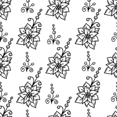 Siyah çizgili, kusursuz desenli Noel çiçeği. Vektör Noel kusursuz desen.