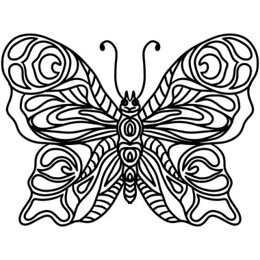 Isolated black line butterfly for tattoo, coloring book for adult and kids on the white background. Butterfly vector illustration