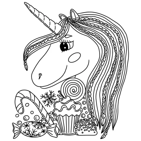 Festive Unicorn New Year Christmas Coloring Book Cute Unicorn Isolated — Stock Vector