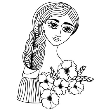Çocuk ya da yetişkin boyası için sevimli vektör kız ya da kadın. Sayfa ya da kitap için kız ya da kadın illüstrasyonu. İnsanları renklendirmek.