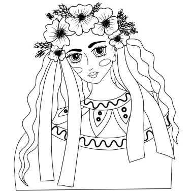 Çocuk ya da yetişkin boyası için sevimli vektör kız ya da kadın. Sayfa ya da kitap için kız ya da kadın illüstrasyonu. İnsanları renklendirmek.