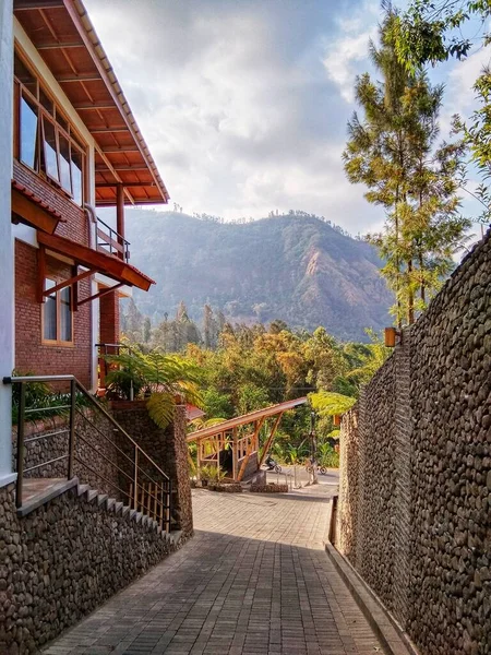 villa in the mountains with green mountain background and cool air