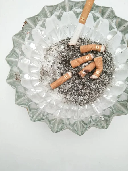 Glass Ashtrays Leftover Cigarette Butts Very Good Health Our Families — Stock Photo, Image