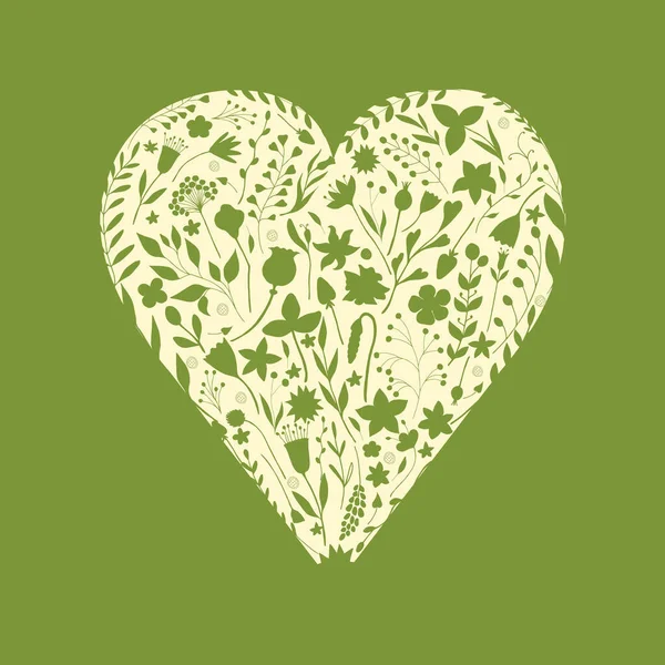 Χειροποίητη Καρδιά Από Στοιχεία Λουλουδιών Πράσινο Φόντο Για Κάρτες Προσκλήσεις — Διανυσματικό Αρχείο
