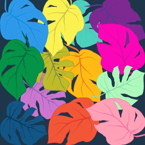 Яркий Цвет Нарисованных Вручную Листьев Темно Синем Фоне Тропический Дизайн — стоковый вектор