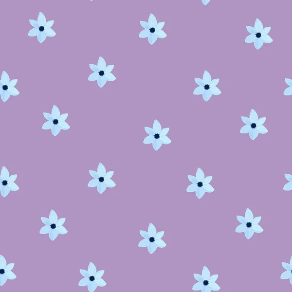 Light blue tender flowers on purple background seamless pattern. Hand drawn flower in repeating pattern for print and design