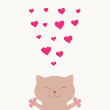 Şirin gülümseyen açık kahverengi kedi kalp verir. Kedi yavrusu kedicik. Sevgililer Günün kutlu olsun. Şirin çizgi film kawaii komik hayvan karakterli kafa surat. Düz dizayn. Aşk kartı. Etiket yazdırma