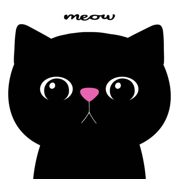 Cat face silhouette with text Meow. Black cartoon kitten. Notebook cover. Sticker print. For cards and design. Hand drawn vector art