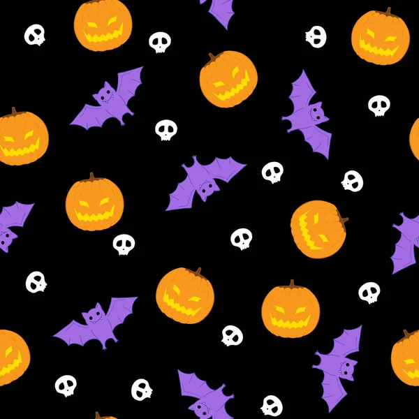 Chauves Souris Violettes Citrouilles Crâne Sur Fond Sombre Motif Sans — Image vectorielle