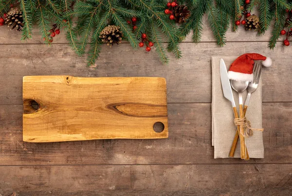 Christmas Table Setting Retro Style Blank Wooden Board Text Rustic — Stock Photo, Image