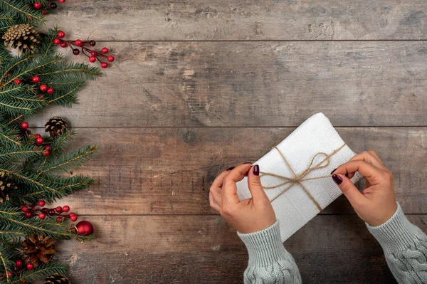 Christmas Gift Box Females Hands Holding Hand Made White Craft — Stock Photo, Image