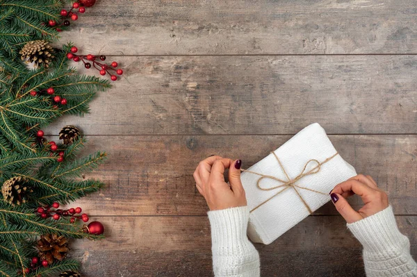 Christmas Gift Box Females Hands Holding Hand Made White Craft — Stock Photo, Image