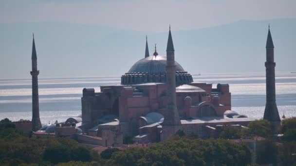 Ayasofya Hagia Sophia的空中景观 晚古建筑 阳光灿烂 Galata塔的全景 — 图库视频影像