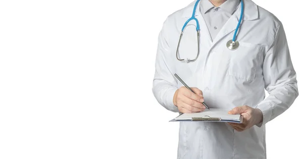 Male Doctor Writing Notes Medical Journal Doctor Standing Office Clinic — 图库照片