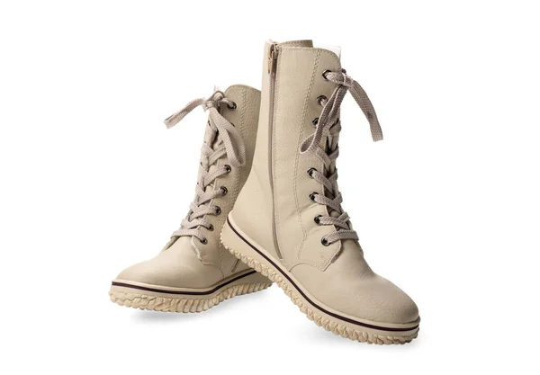 Boots High Lacing Winter Beige Women Boots Lacing Isolated White — Stock Photo, Image