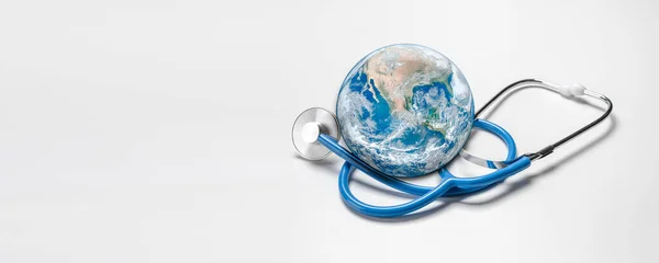 Global Human Health Context Coronavirus Pandemic Stéthoscope Enroulé Autour Globe Image En Vente