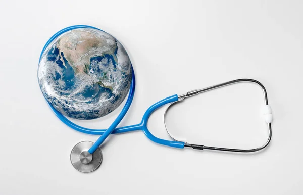 Stethoscope Listening Planet Earth Global Healthcare Stethoscope Wrapped Globe White — Stock Photo, Image