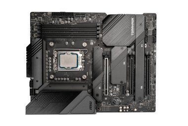 Moskova, Rusya - 12 Ocak 2022: Son Intel i712700 kf işlemci çipi ana kartta. Intel dünyanın en büyük yarı iletken çip üreticilerinden biridir. Bilgisayar montaj konsepti. yakın plan