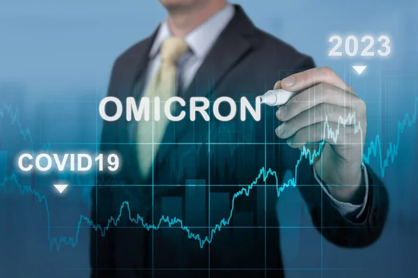 Economic recovery in 2023. Economic recovery after the fall due to the covid 19 omicron coronavirus pandemic. Businessman pointing to the graph of economic recovery after omicron variant