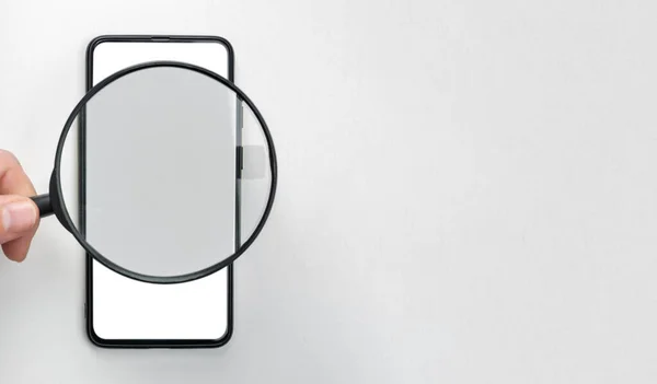 Mockup Mobiltelefon Nagyítóval Nagyító Üveg Kereső Alkalmazás Hálózat Okostelefon Üres — Stock Fotó