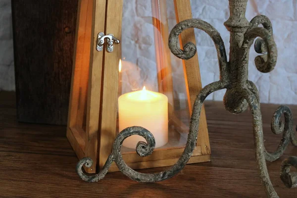 Old Wooden Table Candle — Stock Photo, Image