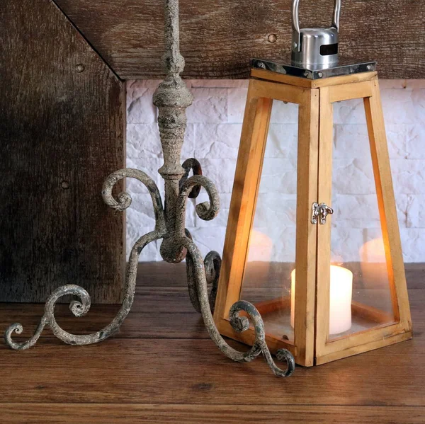 Vintage Lantern Wooden Door Candle Old Ship — Stock Photo, Image