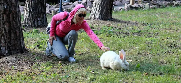 公園でウサギを飼っている若い女性が — ストック写真