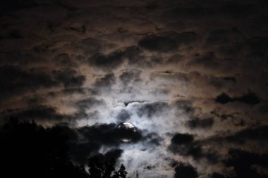 Ay tutulmasından kısa bir süre önce, Mayıs ayında, bulutlu bir gecede çiçek kanı dolunayı.