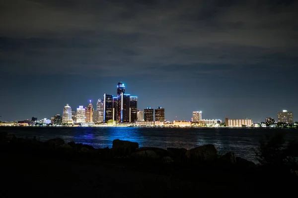 View of the skyline of Downtown Detroit, Michigan from across the Detroit river at the Windsor, Ontario riverfront at night
