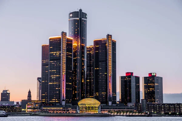 View of the skyline of Downtown Detroit, Michigan from across the Detroit river at the Windsor, Ontario riverfront at night