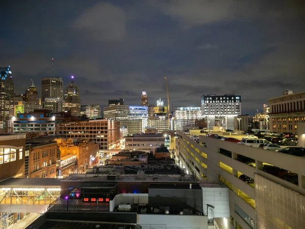 Вид Гректаун Центрі Детройту Вночі Гаража Казино Гректаун Похмурий День — стокове фото