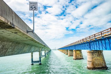 Florida Keys 'teki Seven Mile Köprüsü, Florida' daki Bahia Honda Key ile Marathon anahtarını birbirine bağlayan ve Florida Eyalet Yolu A1A 'yı içeren iki şeritli bir yol. Sea View Seven Mile Köprüsü parkından alındı. Su turkuaz rengidir.