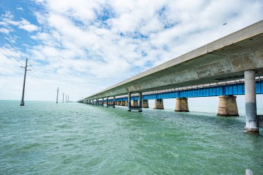 Florida Keys 'teki Seven Mile Köprüsü, Florida' daki Bahia Honda Key ile Marathon anahtarını birbirine bağlayan ve Florida Eyalet Yolu A1A 'yı içeren iki şeritli bir yol. Sea View Seven Mile Köprüsü parkından alındı. Su turkuaz rengidir.