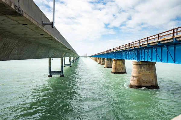 Florida Keys 'teki Seven Mile Köprüsü, Florida' daki Bahia Honda Key ile Marathon anahtarını birbirine bağlayan ve Florida Eyalet Yolu A1A 'yı içeren iki şeritli bir yol. Sea View Seven Mile Köprüsü parkından alındı. Su turkuaz rengidir.