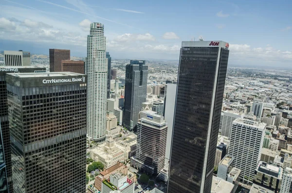 View of downtown Los Angeles, California from the Wilshire Grand lobby on the 72nd floor on a clear but slightly cloudy day