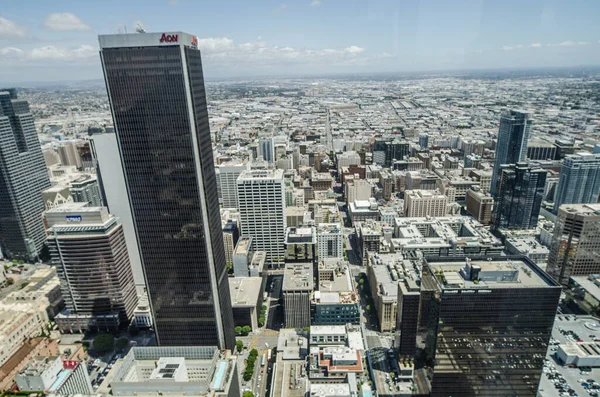 View of downtown Los Angeles, California from the Wilshire Grand lobby on the 72nd floor on a clear but slightly cloudy day