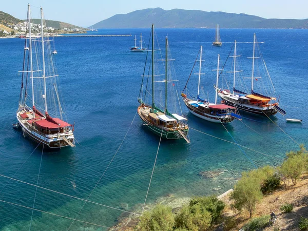 Türkiye Nin Bodrum Limanında Demirlemiş Gemilerin Görüntüsü Ege Denizi Telifsiz Stok Fotoğraflar