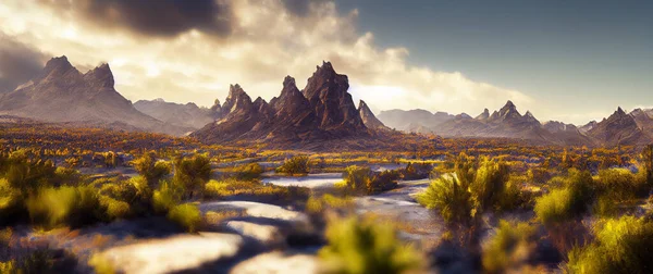 Realistische Berge Landschaft Panorama Steine Grafik Berge Und Tal Hintergrund — Stockfoto