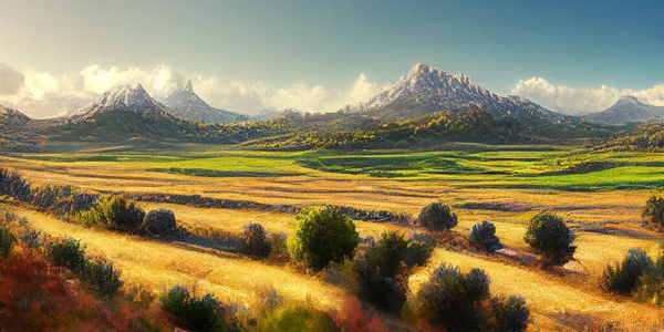 Realistische Berge Landschaft Panorama Bäume Silhouetten Tal Hintergrund Hochwertige Foto — Stockfoto