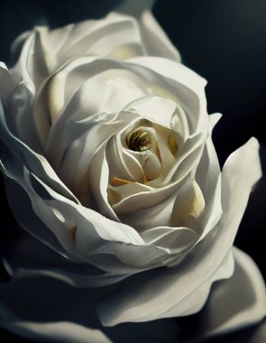 Beyaz zarif ve yumuşak gül fotorealistik ve taze fotoğraf, sinemada detaylı makro kalitede pastel renkler ve koyu arkaplan beyaz renkler. 