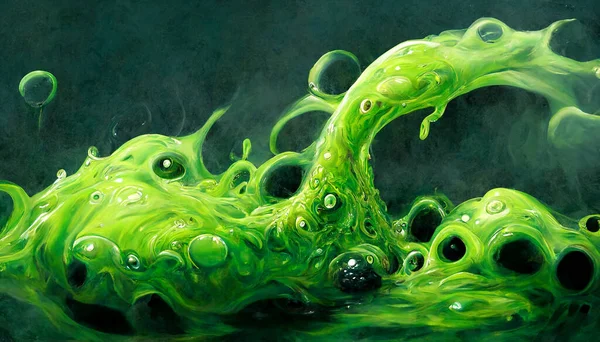 Зелений Отруйний Слиз Бульбашками Кипить Пари Темно Зеленому Тлі Високоякісний — стокове фото