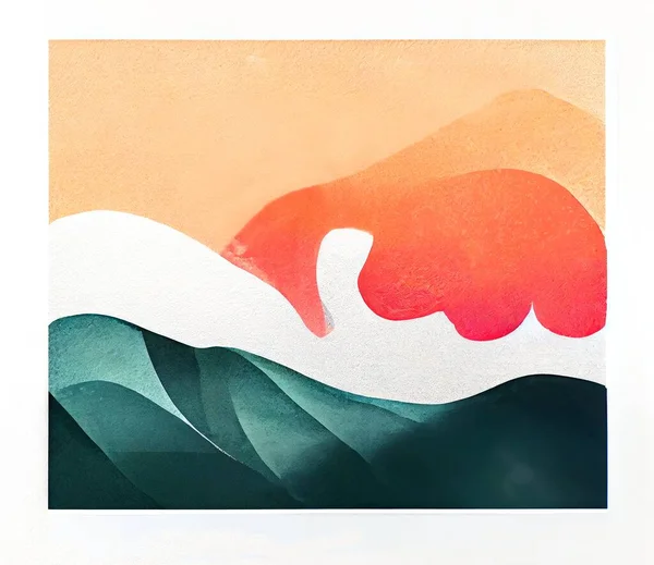 Abstract mountain and wave landscape background with watercolor texture. High quality illustration