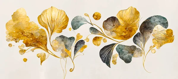 Refined Golden Flowers Paper Made Hand Watercolor Paint High Quality — Stock Photo, Image