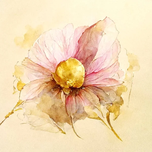 Watercolor Flowers Gold Yellow Leaves Blush Pink Peony High Quality — Stock Photo, Image