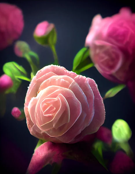 Magiczny Różowy Róż Zbliżenie Rozmytymi Kwiatami Ciemnym Tle Wysokiej Jakości — Zdjęcie stockowe