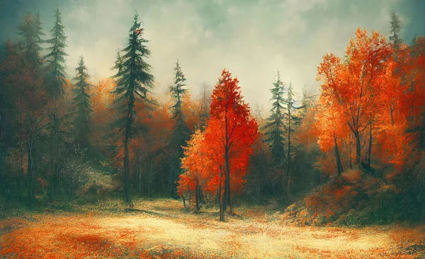 Magic autumn scenery. Picturesque picture of autumn in the old style. High quality illustration