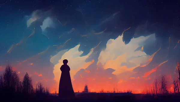 Silhouette Eines Mädchens Auf Dem Hintergrund Eines Feldes Mit Sonnenuntergang — Stockfoto