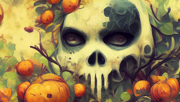 Grunge Halloween Background Dengan Tengkorak Dan Labu Dan Bunga Ilustrasi — Stok Foto