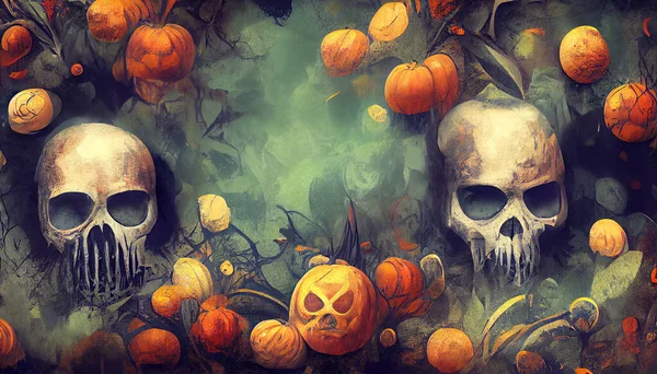 Grunge Halloween Fundo Com Crânio Abóboras Flores Ilustração Alta Qualidade — Fotografia de Stock