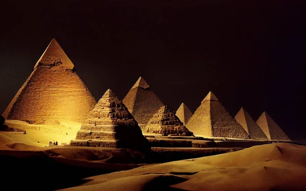 Mgical Egyptian pyramids with magical sand on dark black background. Color image desert area ancient civilization culture.